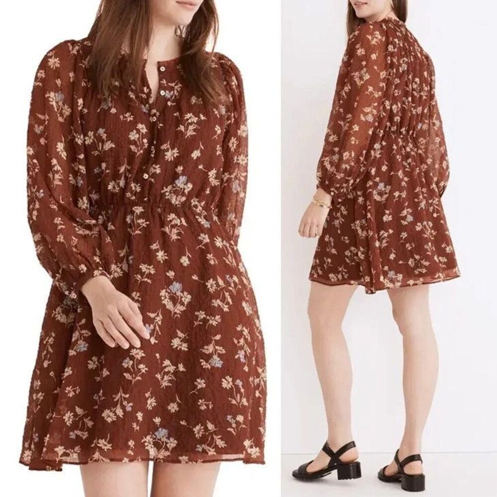 Madewell Norma Rae Floral Mini Dress Women XS Brown Cottagecore Boho Prairie